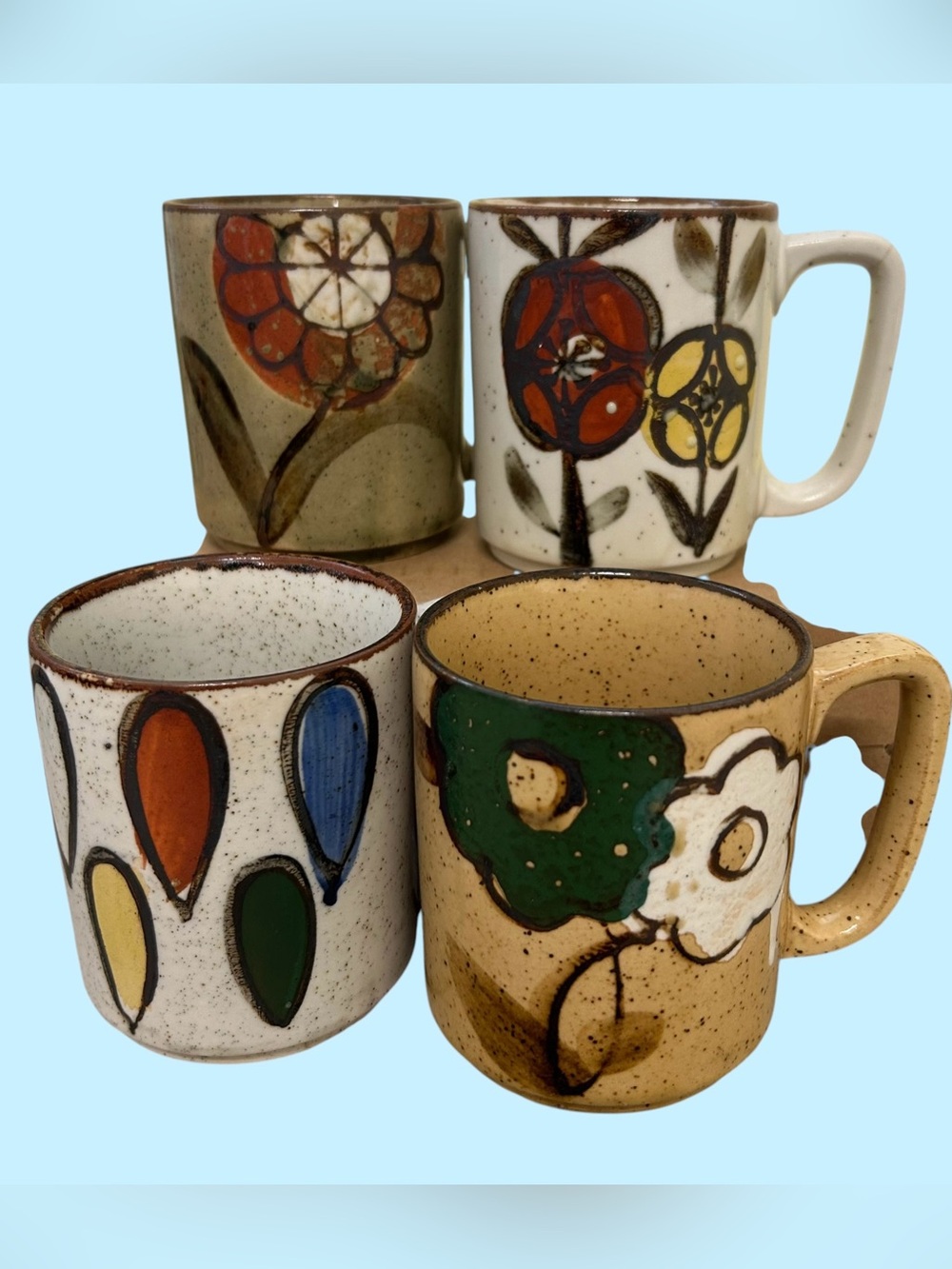 Vintage Pottery Coffee Cups Mugs Boho Floral Lot of 4